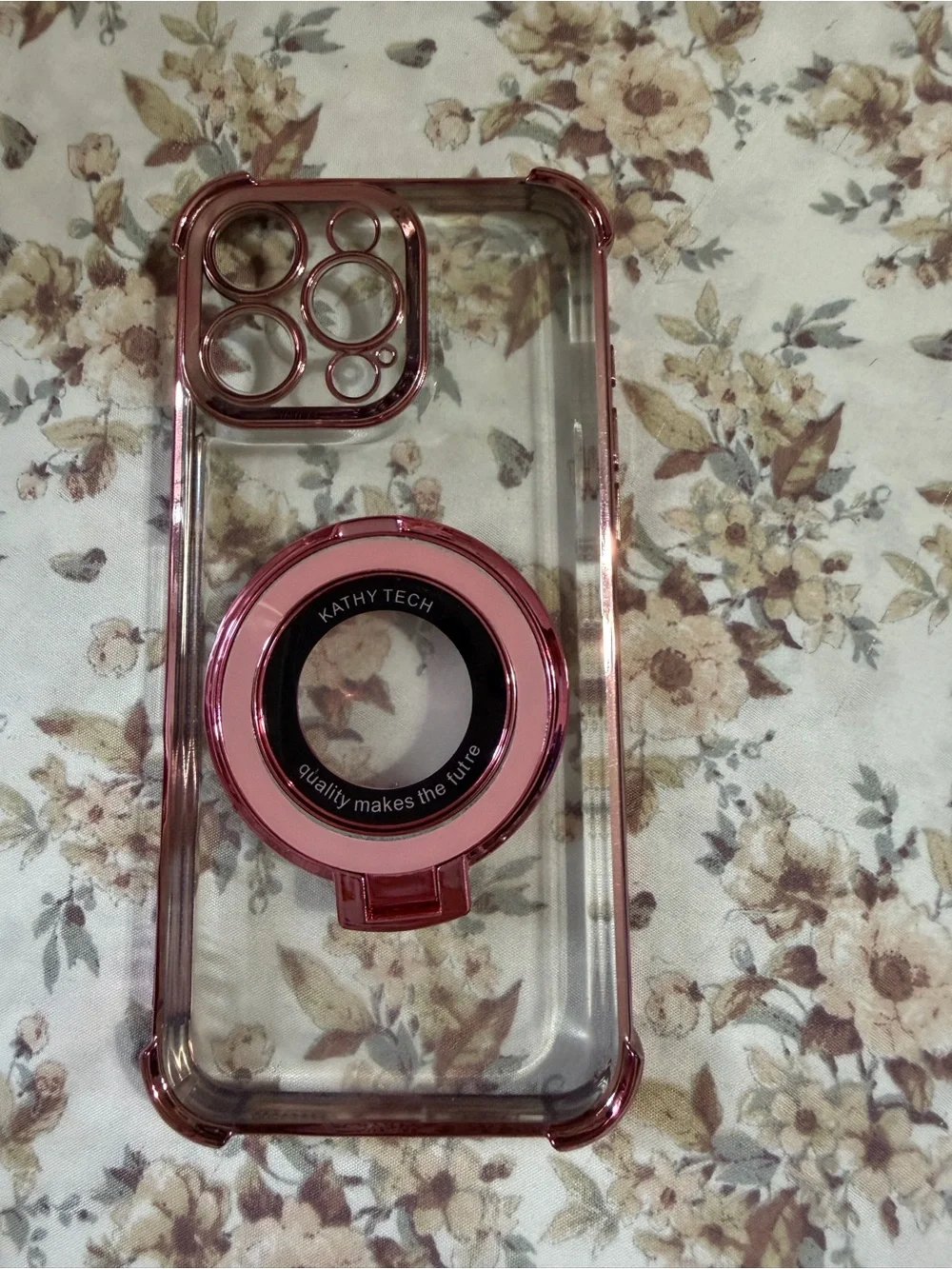 Amazon Clear Phone Case with Pink Ring Holder and Rose Trim 16 pro max